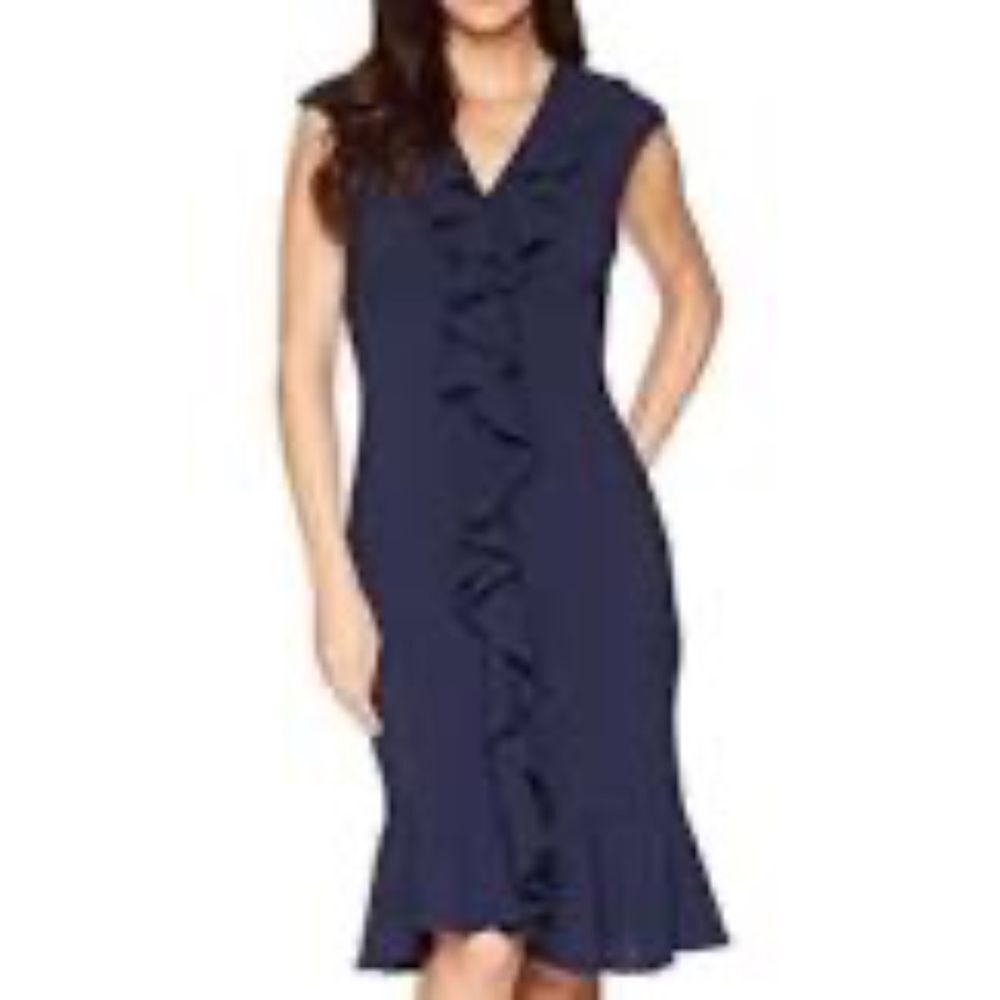 Maggy London Women's Navy Crepe Ruffle Front Dress With Ruffle Neck/Hem Sz 8